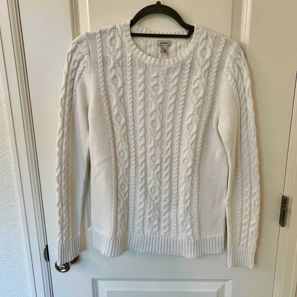 L.L. Bean White Cotton Double L Cable Crewneck Sweater